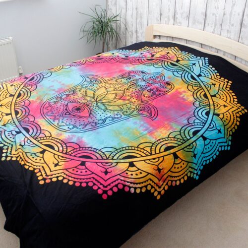 Double Cotton Bedspread + Wall Hanging - Black Hamsa