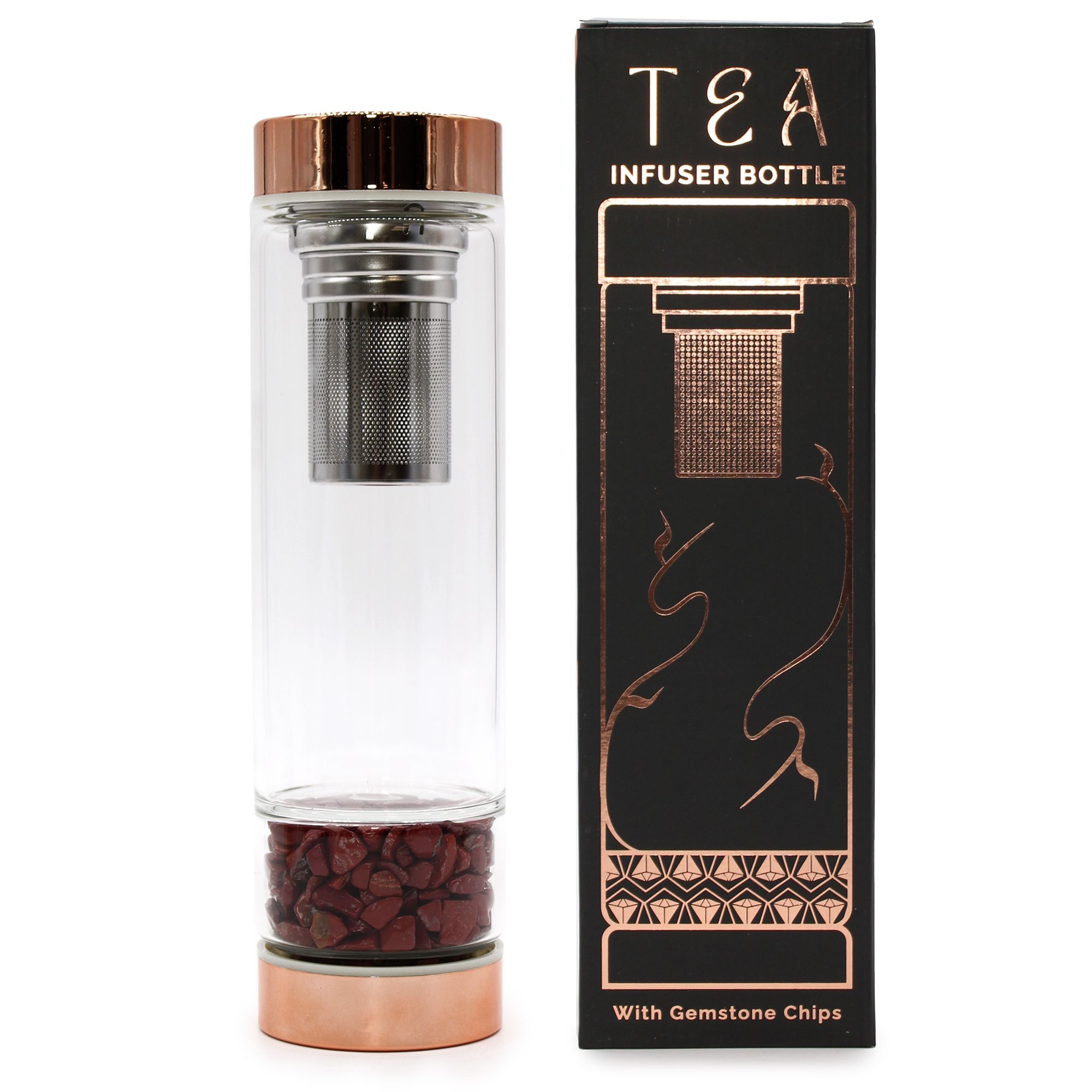 Crystal Glass Tea Infuser Bottle - Rose Gold - Red Jasper - Image 4