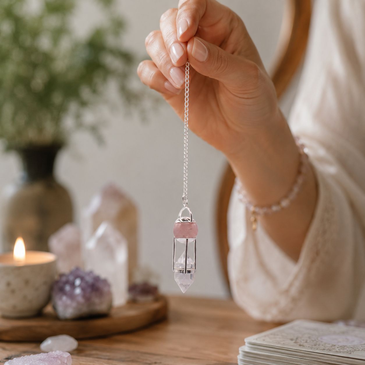 The Heart Whisperer- Double Power Pendulum - Rose Quartz Globe - Clear Quartz Double Terminated - Image 3