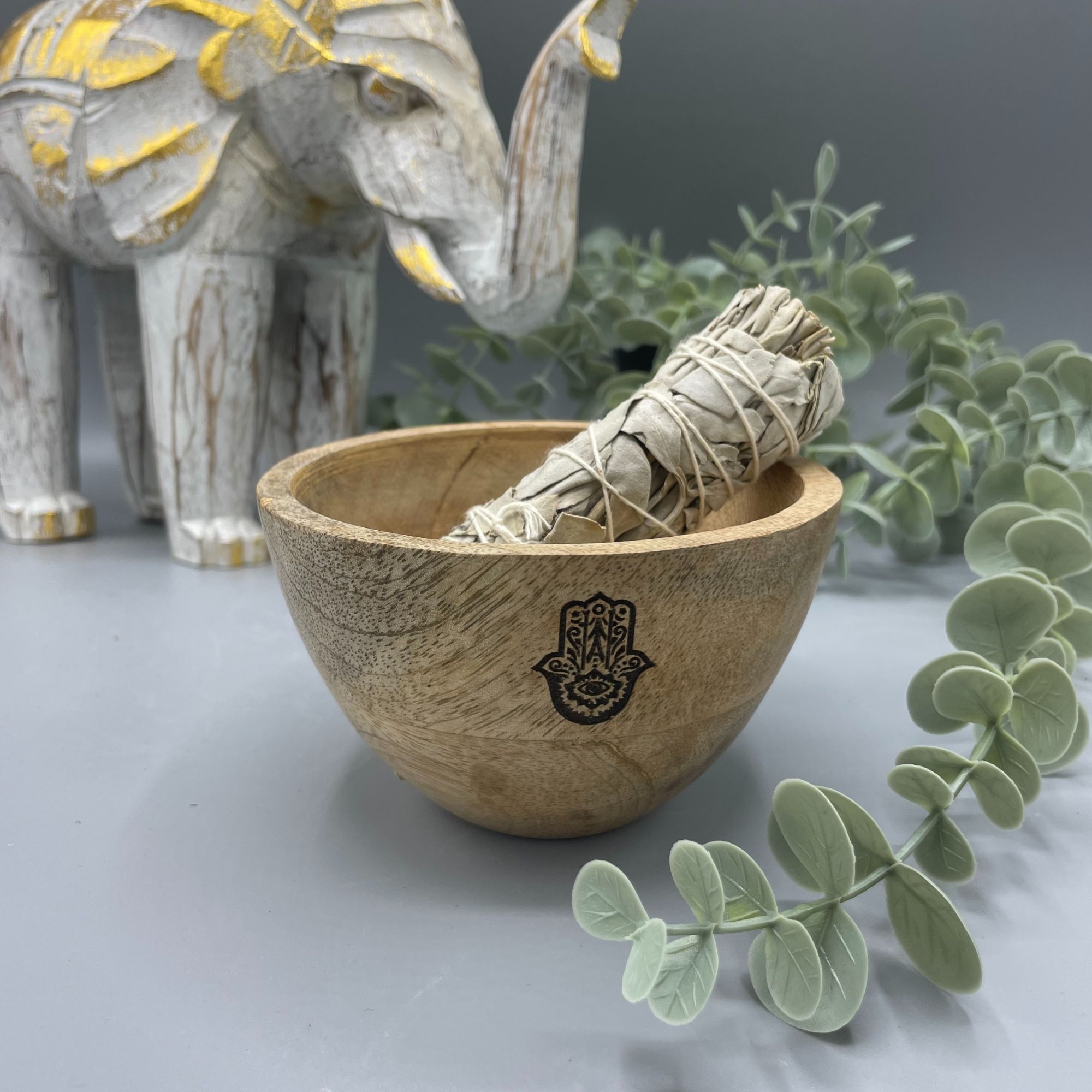 Wooden Smudge and Ritual Offerings Bowl - Hamsa - 11x7cm - Image 2