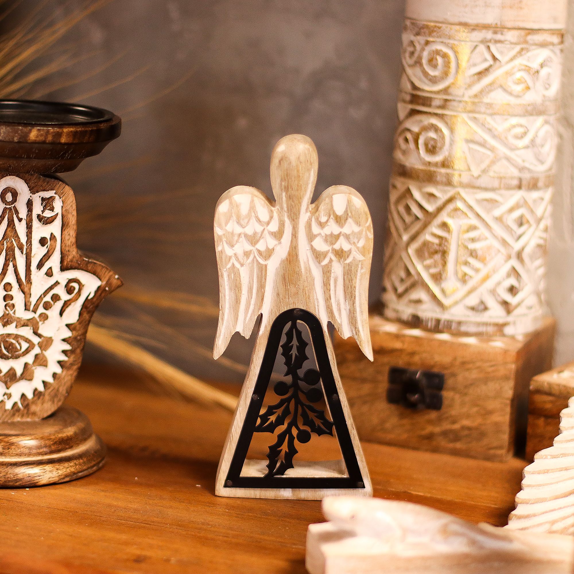Mango Wood Angel - Whitewash with Iron Decor Cut Out - Image 5
