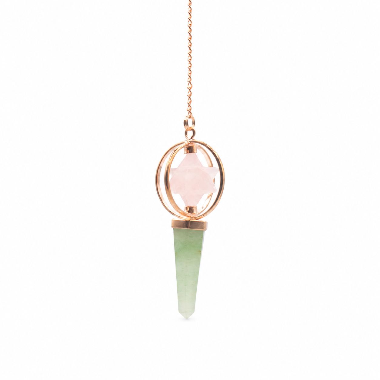 Heart Compass- Two Piece Spinning Merkaba Star in Copper Pendulum - Rose Quartz & Green Aventurine - Image 2