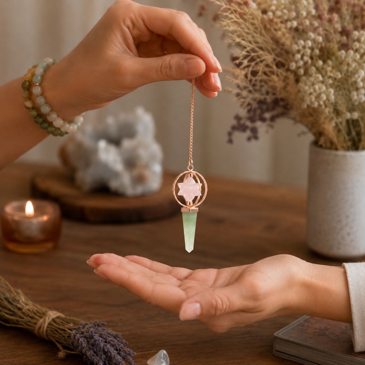 Heart Compass- Two Piece Spinning Merkaba Star in Copper Pendulum - Rose Quartz & Green Aventurine - Image 3