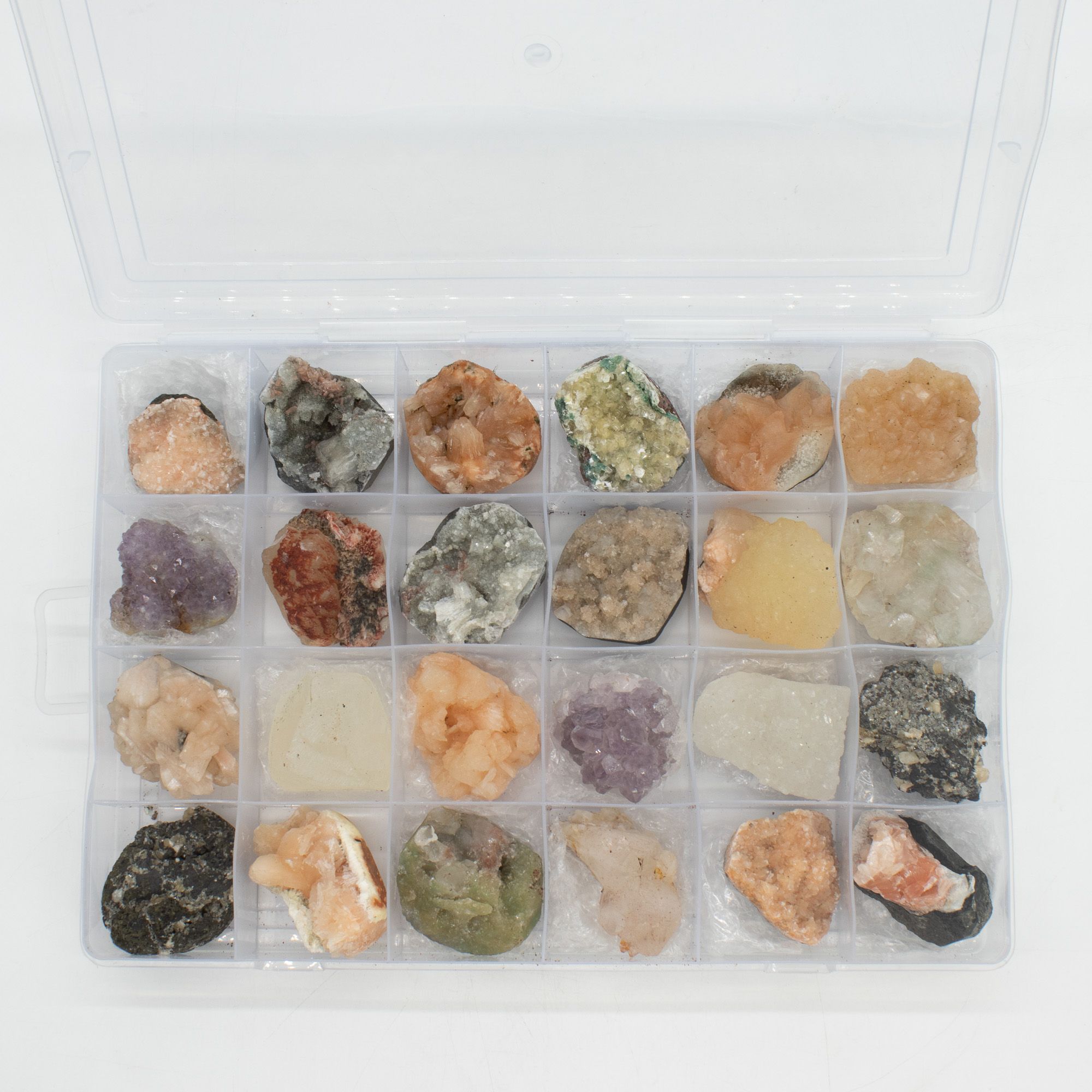 Mineral Specimens - Mixed Indian Zeolites in a Display (White Apophyllite, Stilbite,Finger Quartz, Amethyst, Green Stilbite, Heulandite) - Image 2