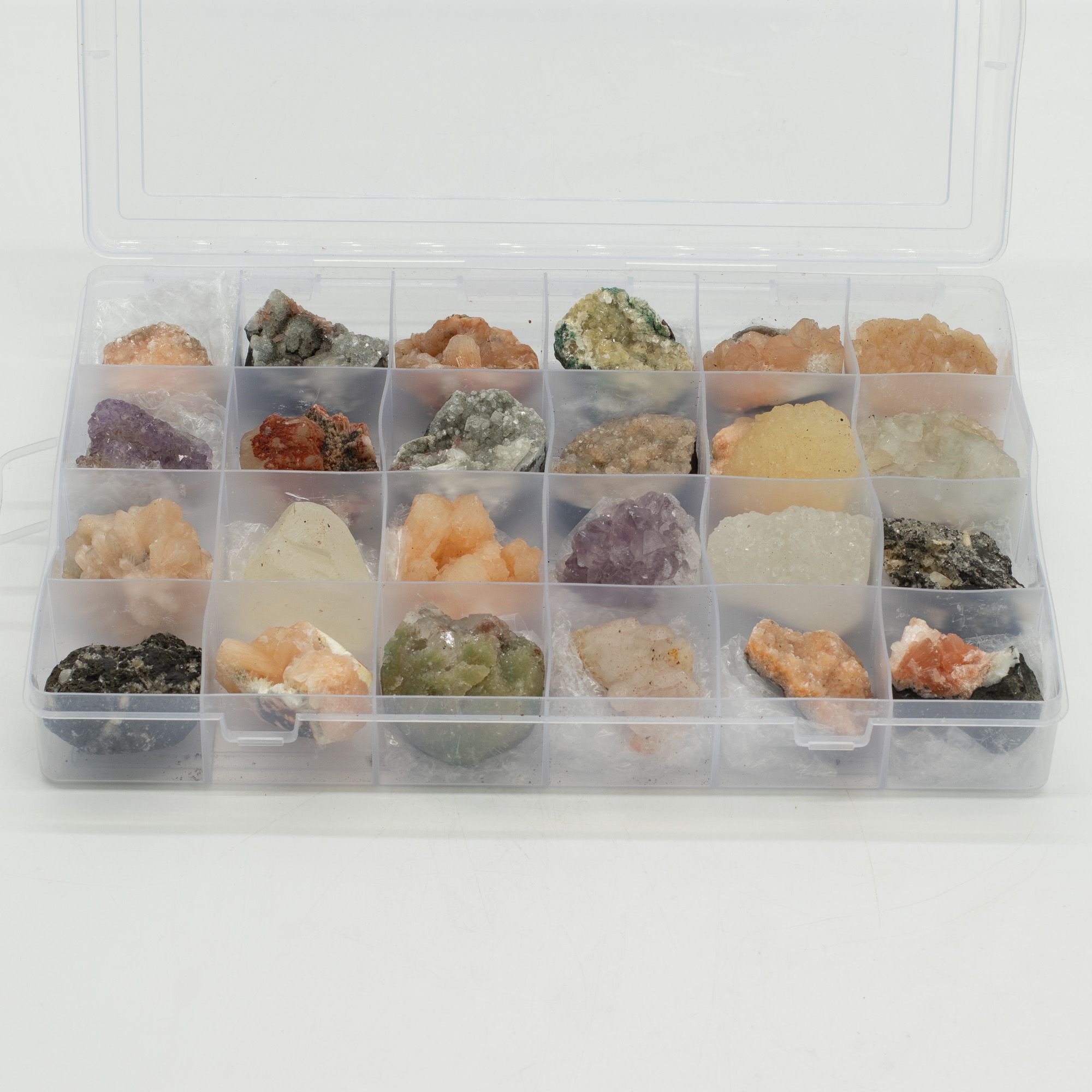 Mineral Specimens - Mixed Indian Zeolites in a Display (White Apophyllite, Stilbite,Finger Quartz, Amethyst, Green Stilbite, Heulandite) - Image 7