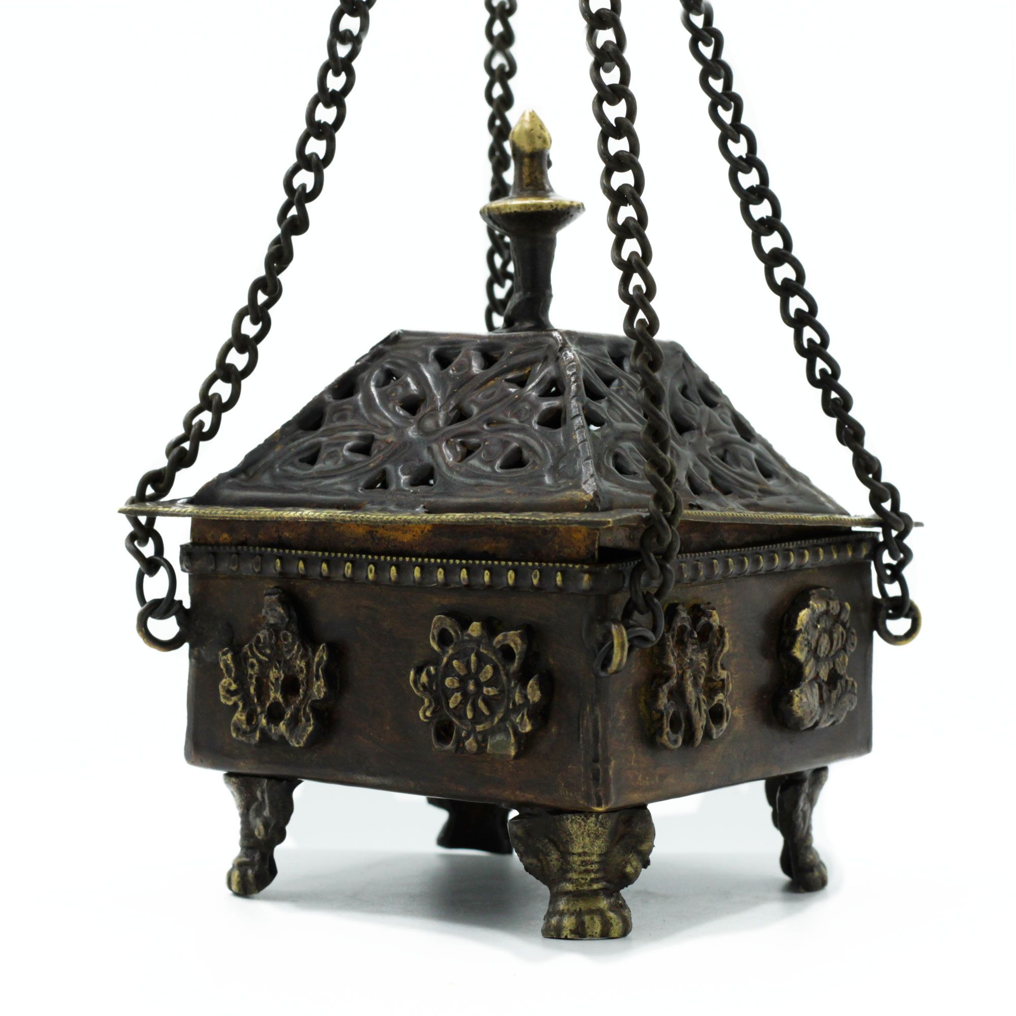 Brass Tibetan Burner - Eight Symbols Square Hanging Pot - Image 3
