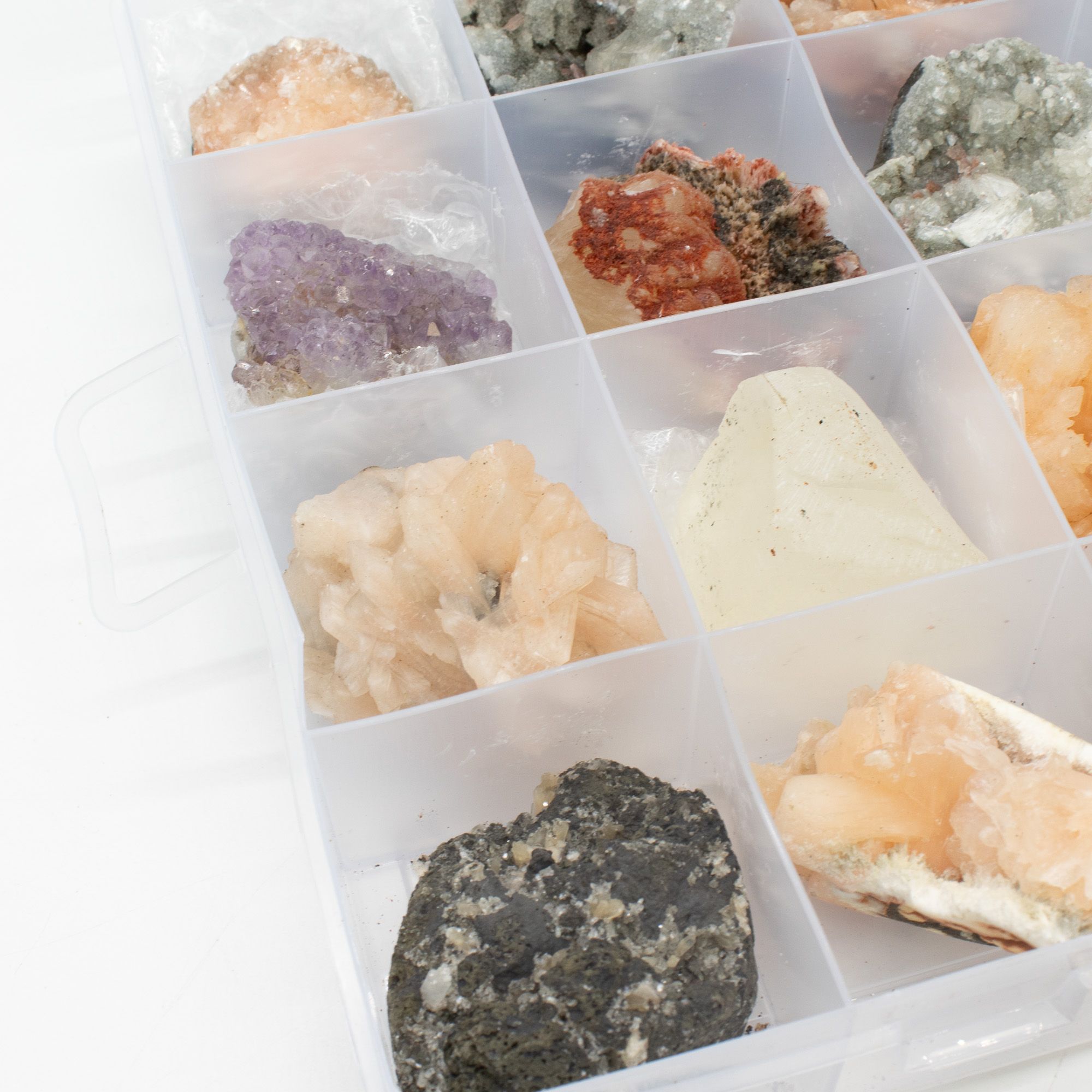 Mineral Specimens - Mixed Indian Zeolites in a Display (White Apophyllite, Stilbite,Finger Quartz, Amethyst, Green Stilbite, Heulandite) - Image 3