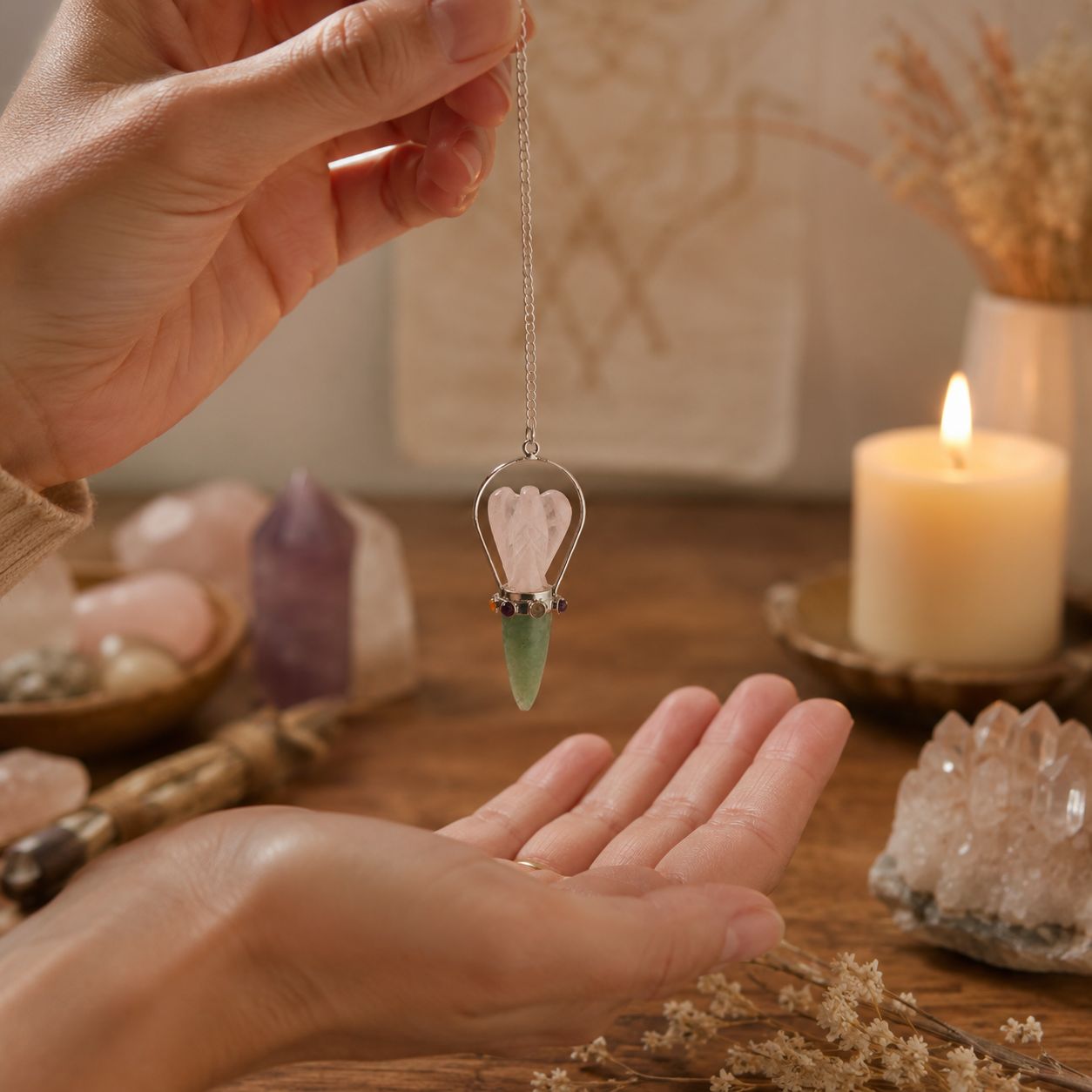 The Heart Oracle - Two Piece Angel Pendulum - Chakra Band - Rose Quartz & Green Aventurine - Image 3