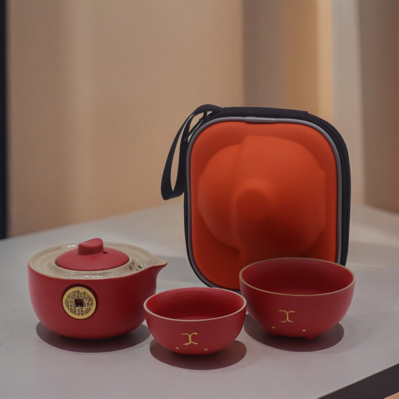 Money Cat Teapot Set - Two Cups - Travel Pack - Red - Image 4