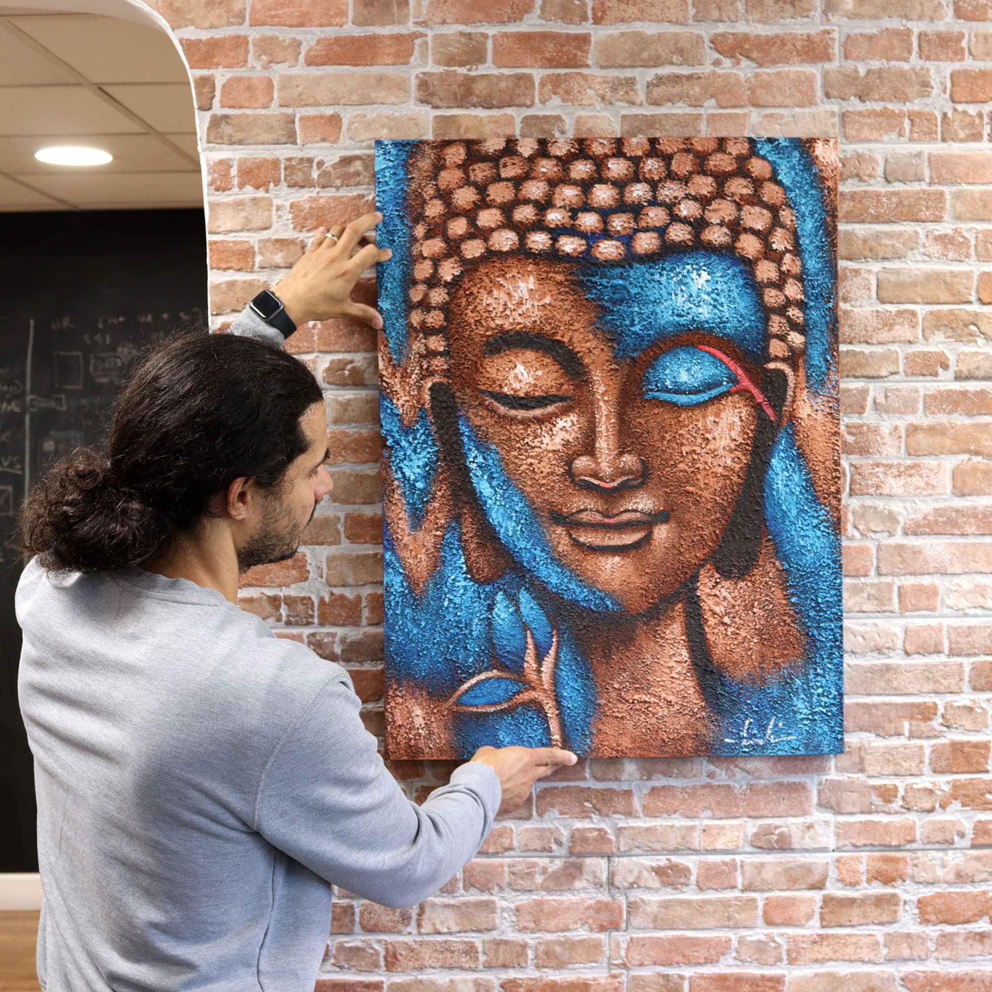 Buddha Painting - Silver & Rose Gold Flower 75x55cm - Image 3