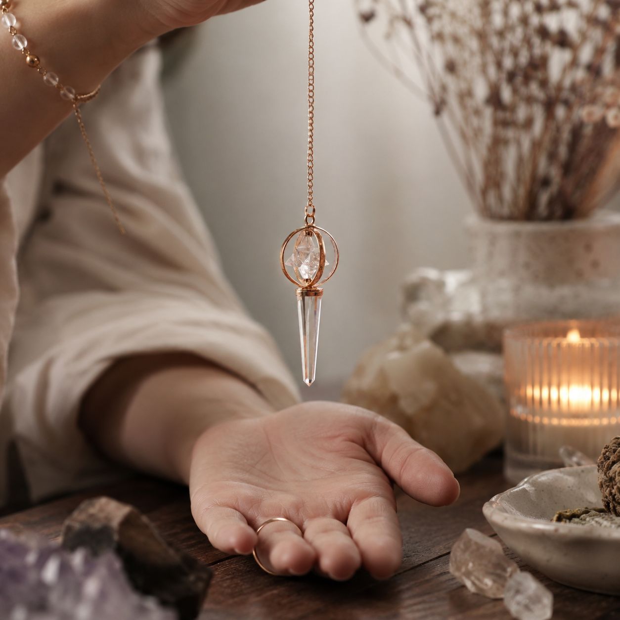 Stellar Gateway - Two Piece Spinning Merkaba Star in Copper Pendulum - Clear Quartz - Image 3