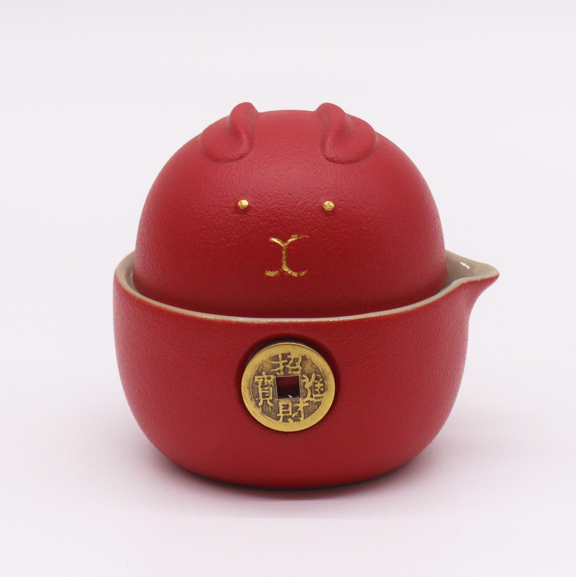 Money Cat Teapot Set - Two Cups - Travel Pack - Red - Image 2