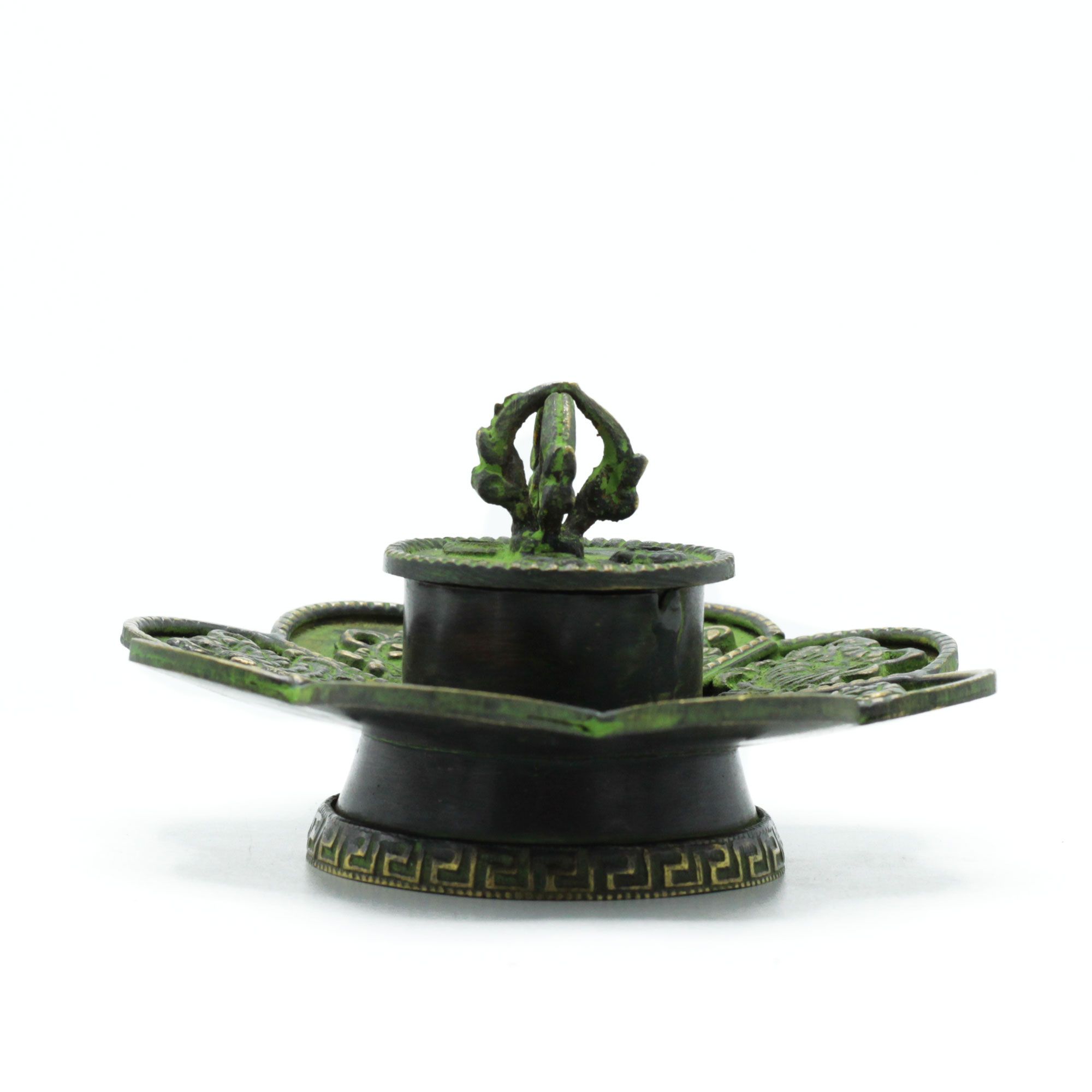 Brass Verdigris Tibetan Cone & Incense Holder - Eight Symbols - Image 2