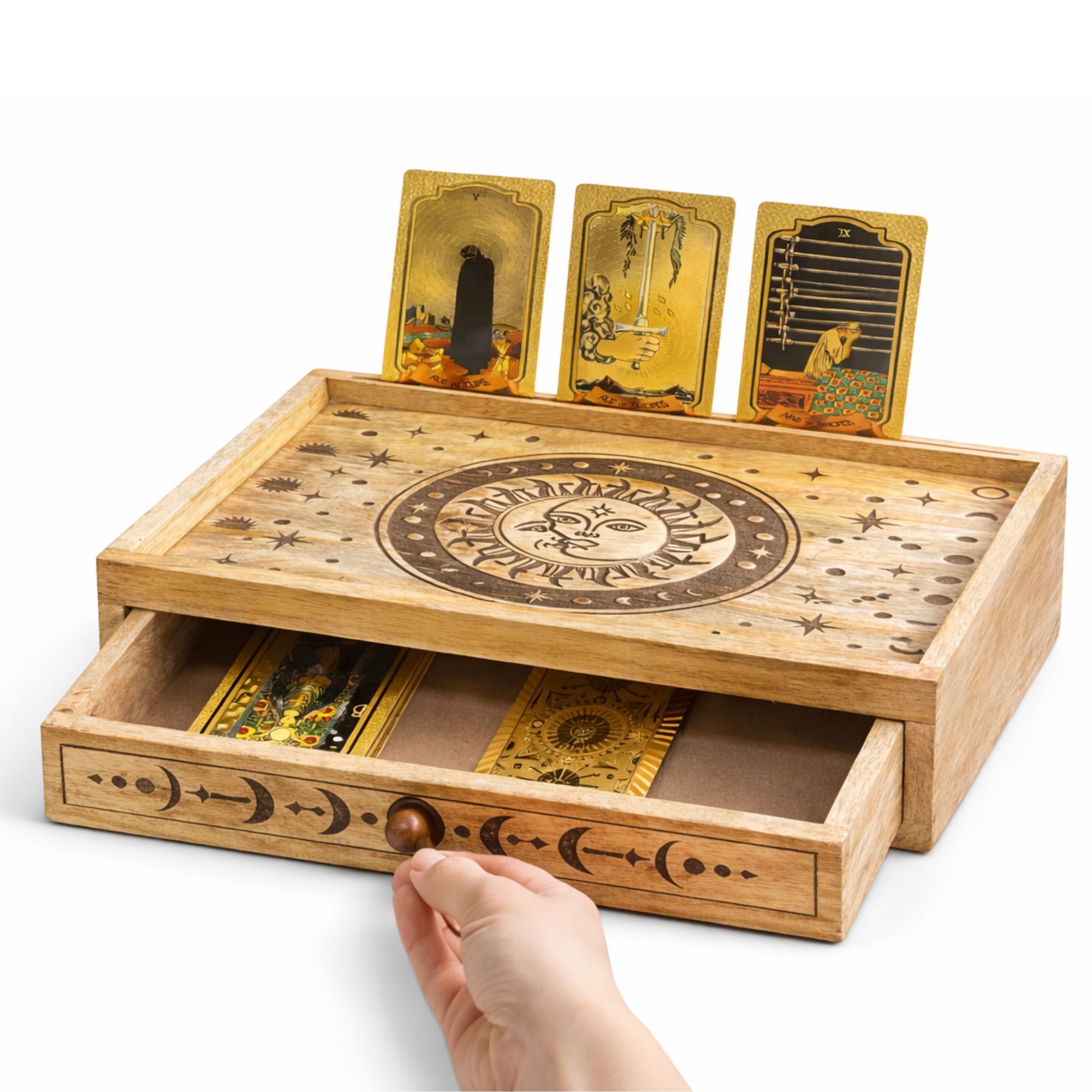 Sun Moon Carved Tarot Box with Drawer - Image 2