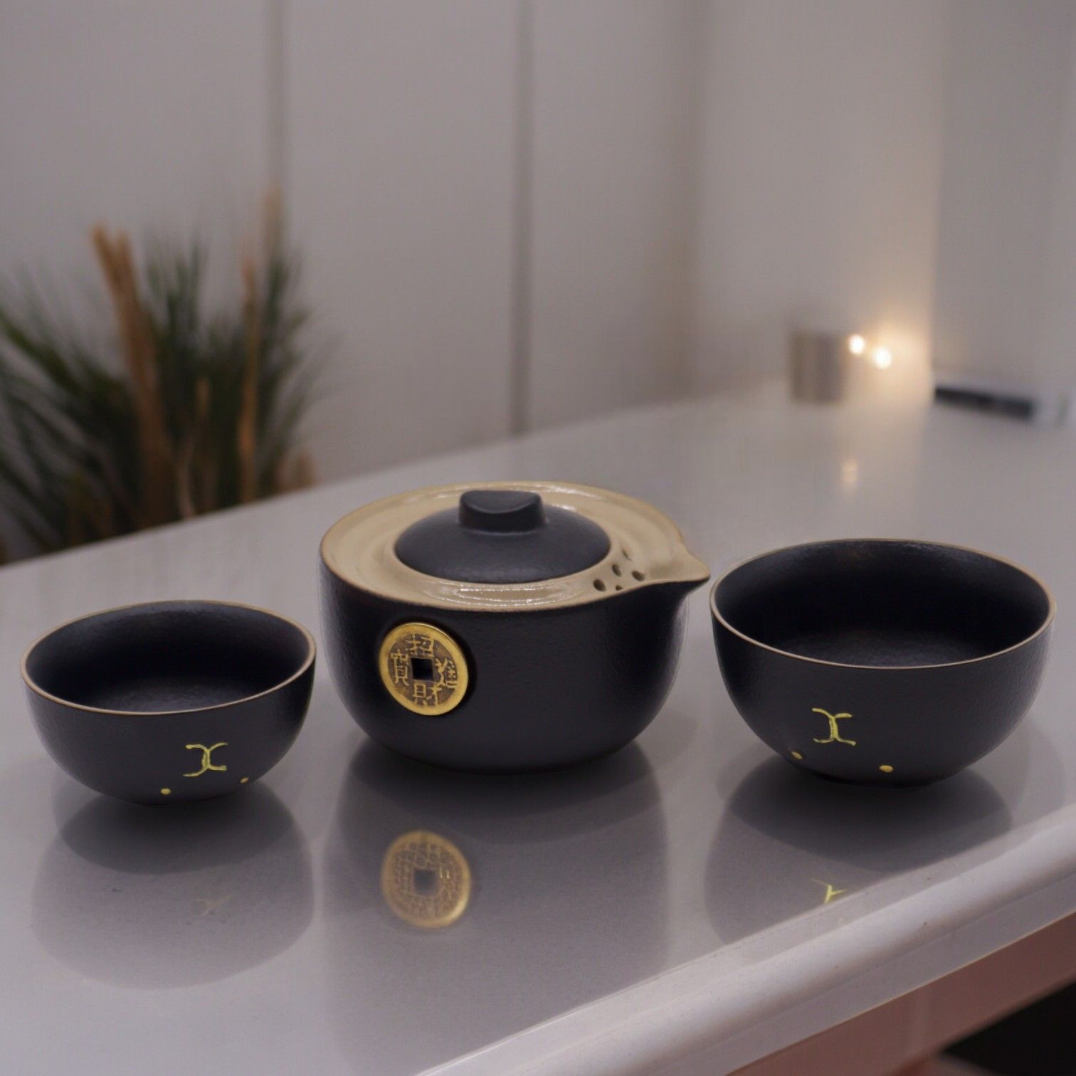 Money Cat Teapot Set - Two Cups - Travel Pack - Black - Image 5