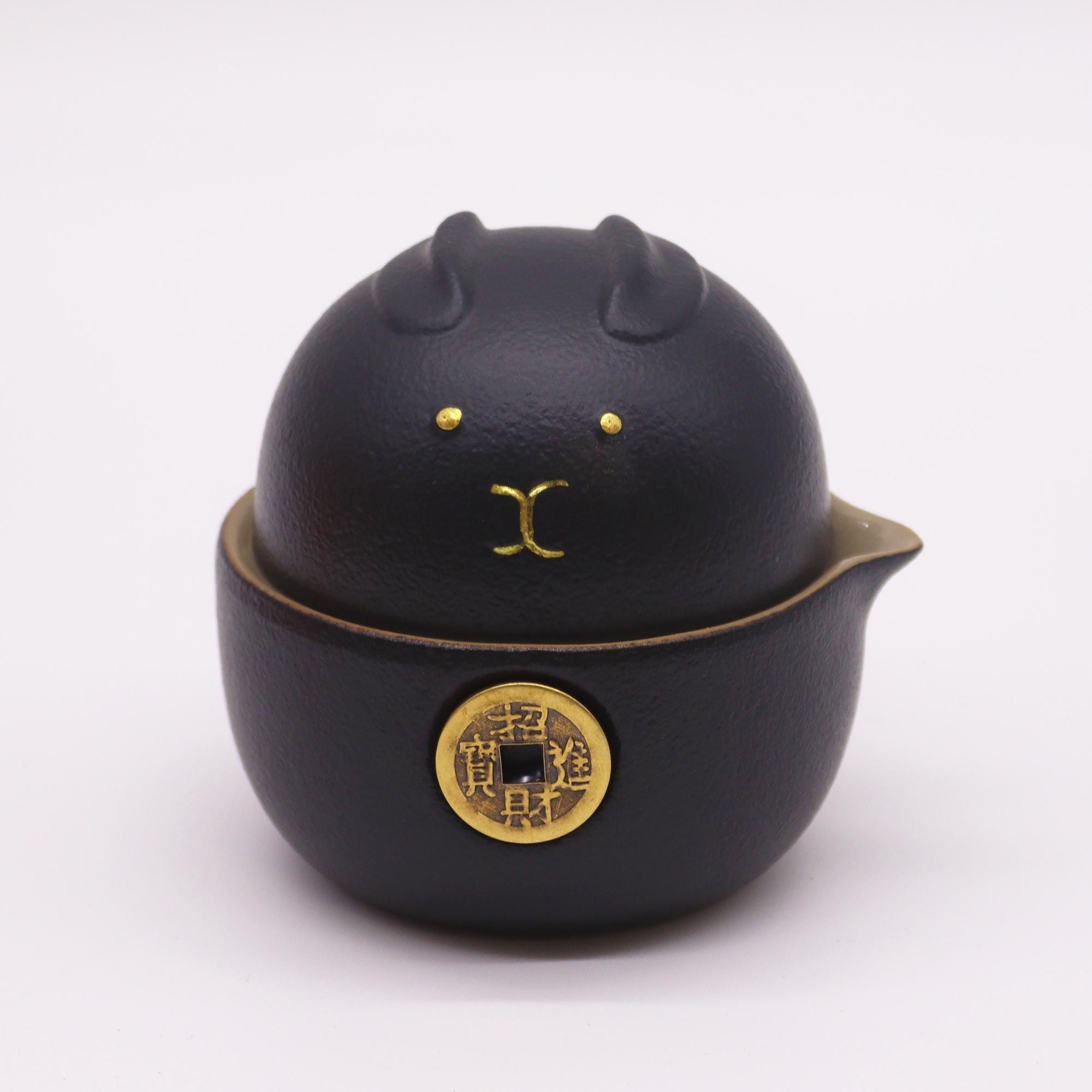Money Cat Teapot Set - Two Cups - Travel Pack - Black - Image 2