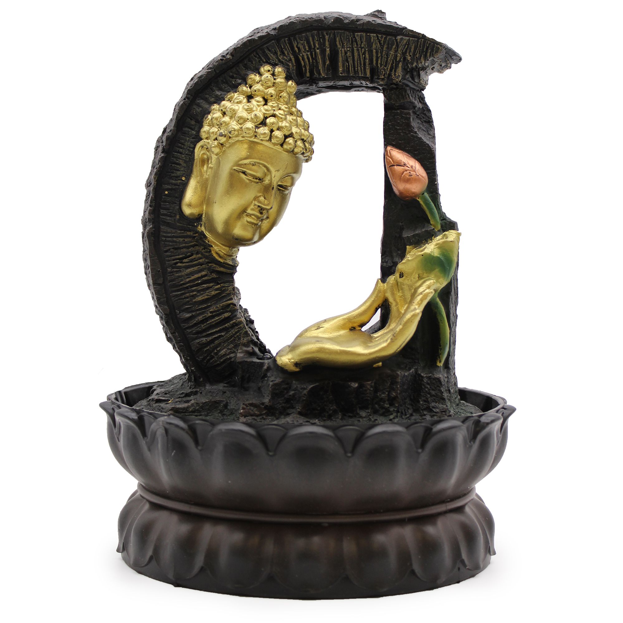Tabletop Water Feature - 30cm - Golden Buddha & Lotus - Image 3