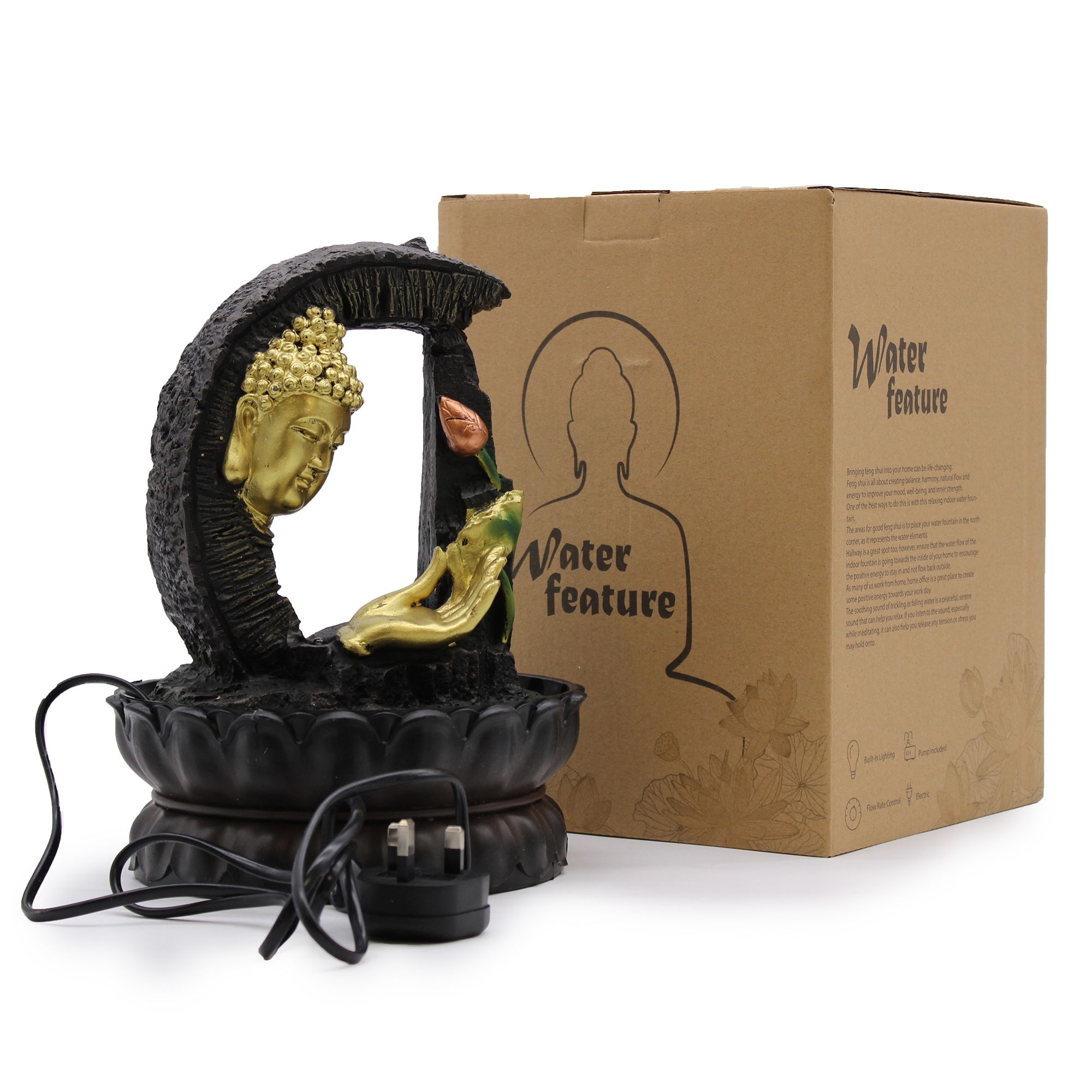 Tabletop Water Feature - 30cm - Golden Buddha & Lotus - Image 5