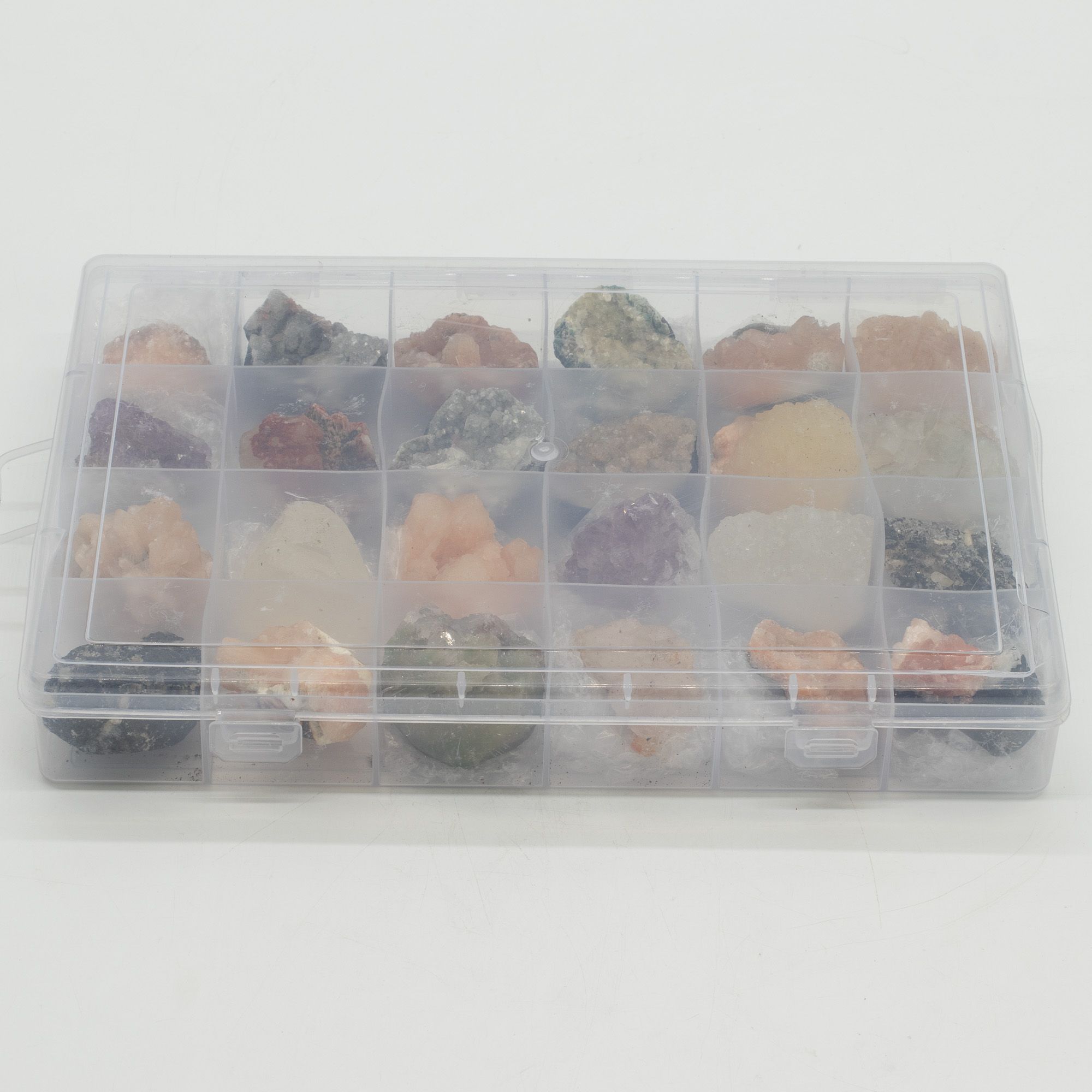 Mineral Specimens - Mixed Indian Zeolites in a Display (White Apophyllite, Stilbite,Finger Quartz, Amethyst, Green Stilbite, Heulandite) - Image 6