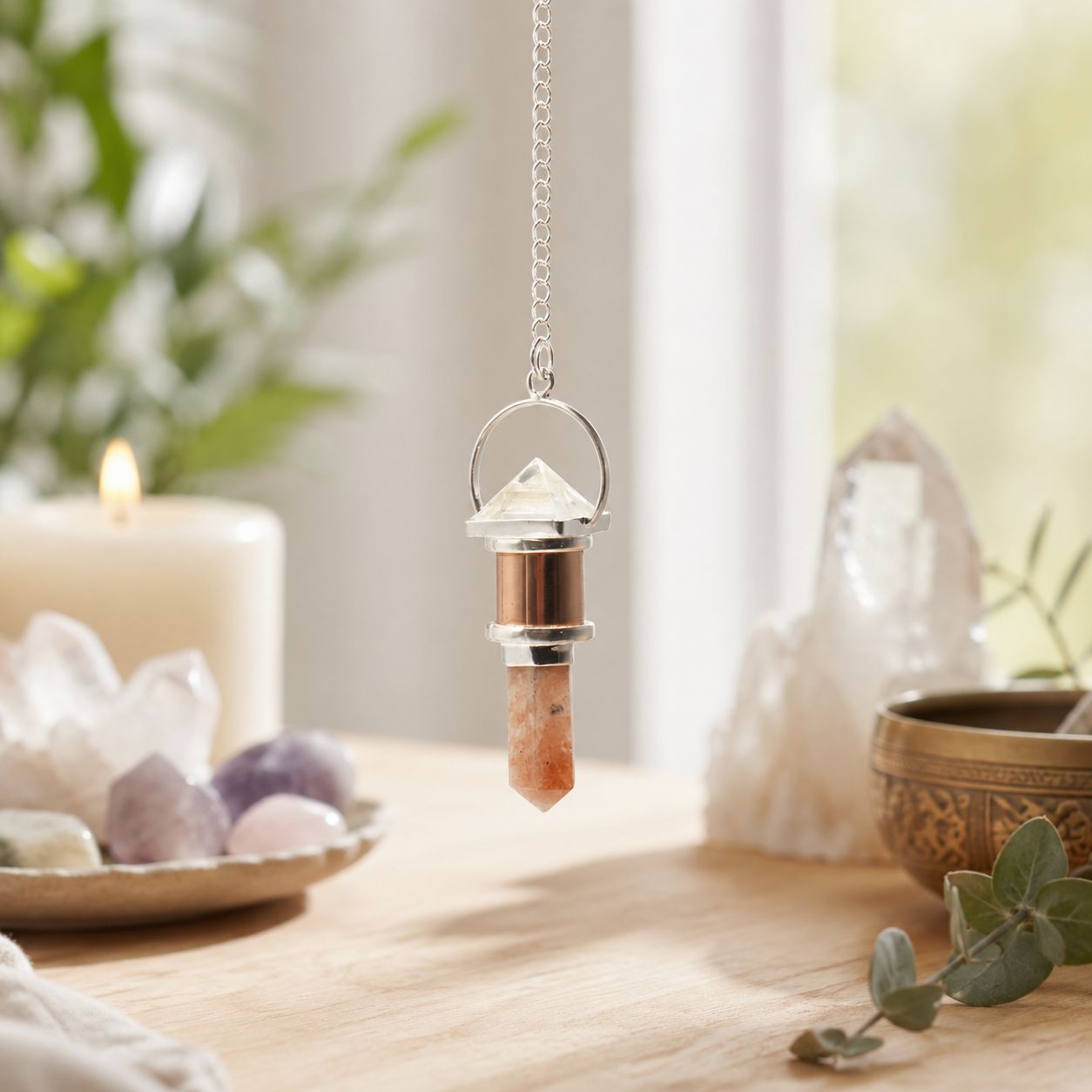 The Moon Chamber- Combo Piece Copper Pendulum - Clear Quartz & Sunstone - Image 3