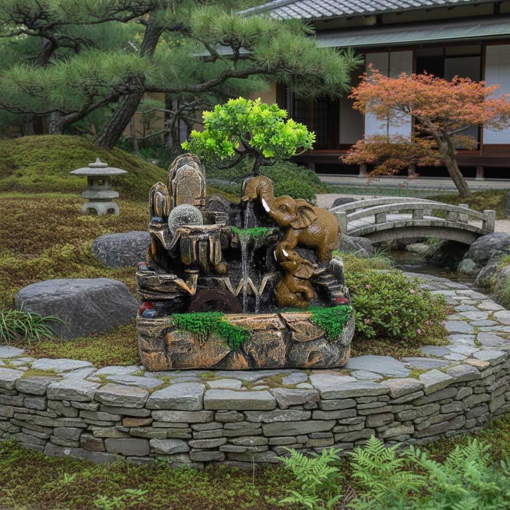 Elephants in Love Tabletop Water Feature with Crystal Ball, Light & Watermill (30x20x35cm) - Image 4