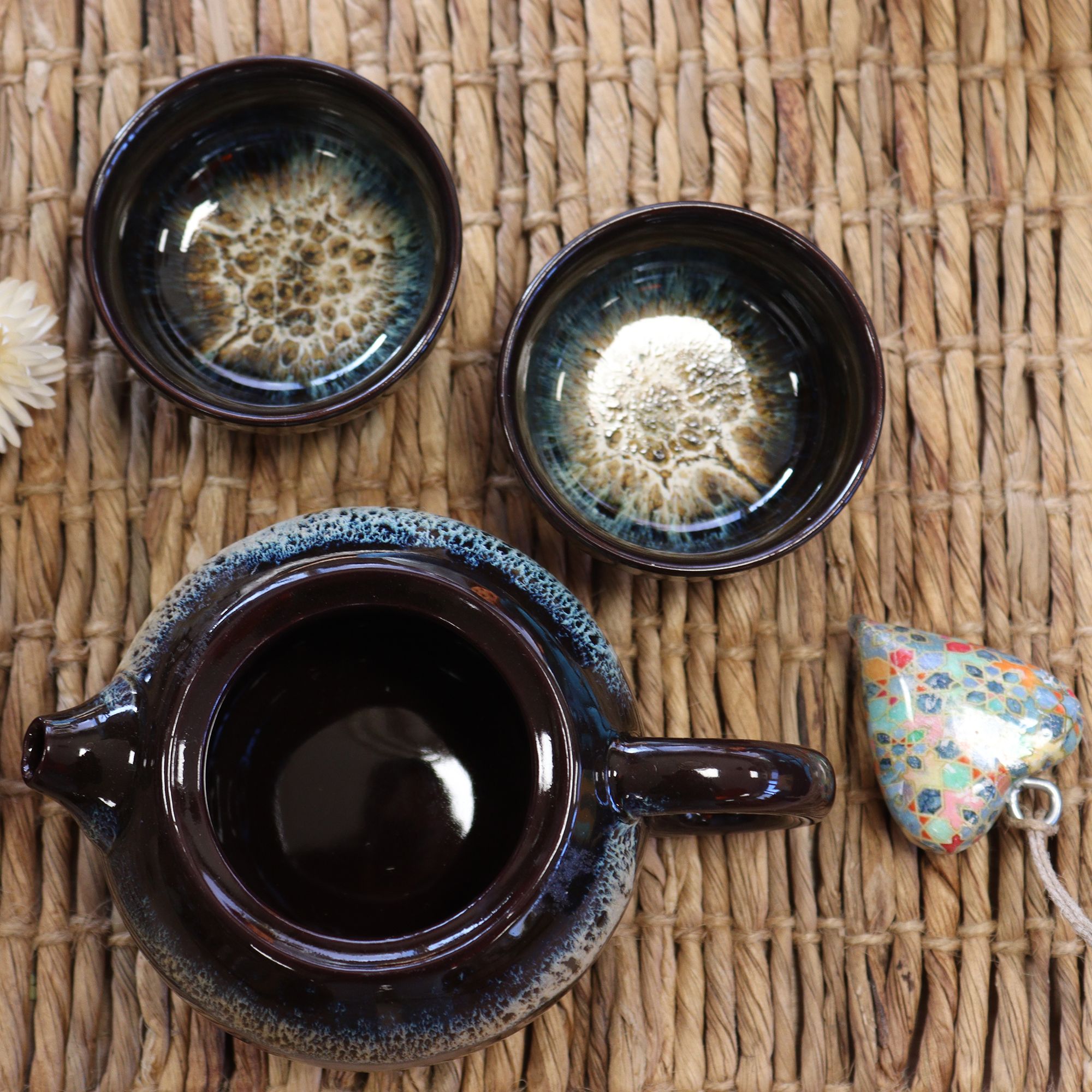 Herbal Black Glaze Teapot Set - Pot & Two Cups - Image 5