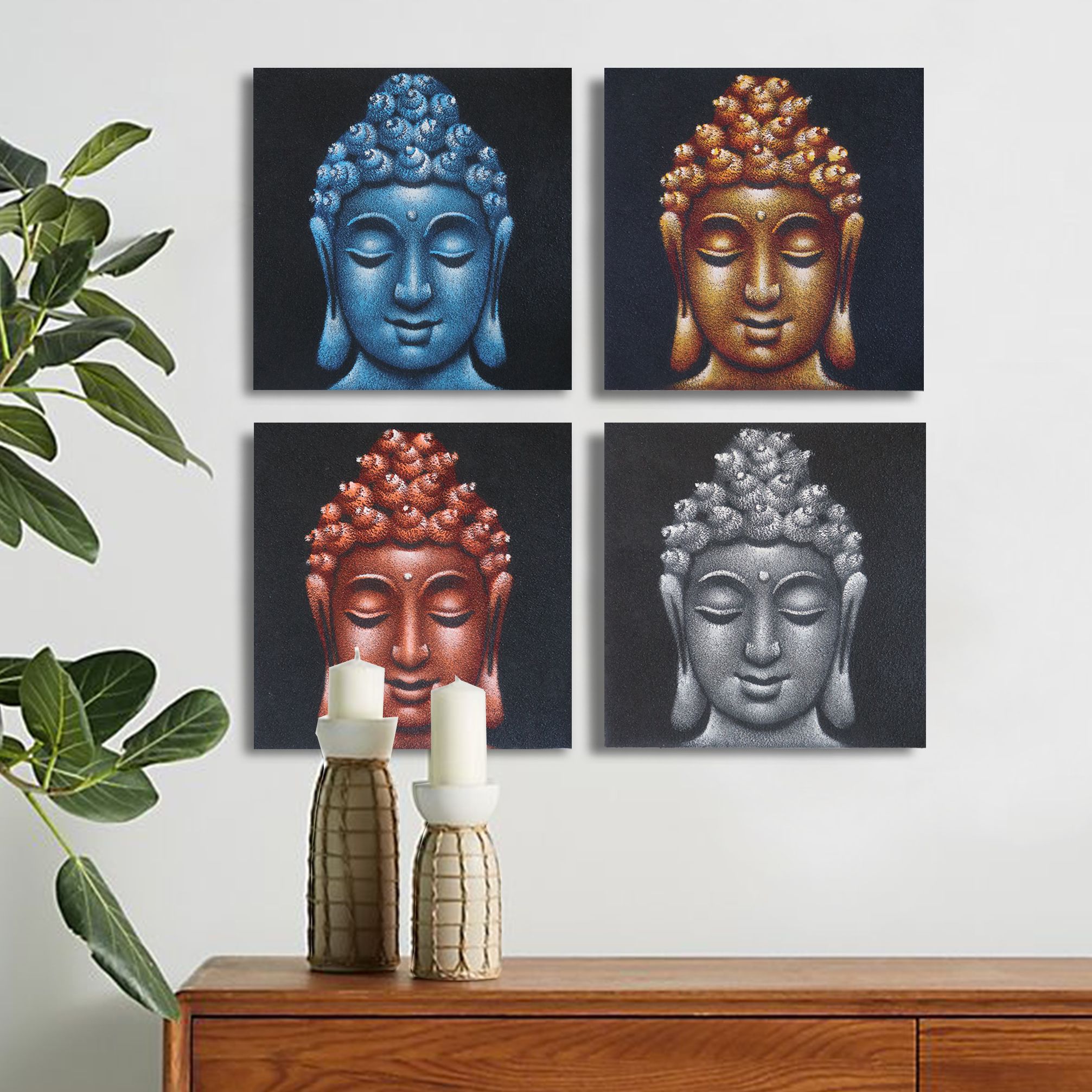 Set of 4 Buddha Heads Sand Detail 40x40cm - Image 2