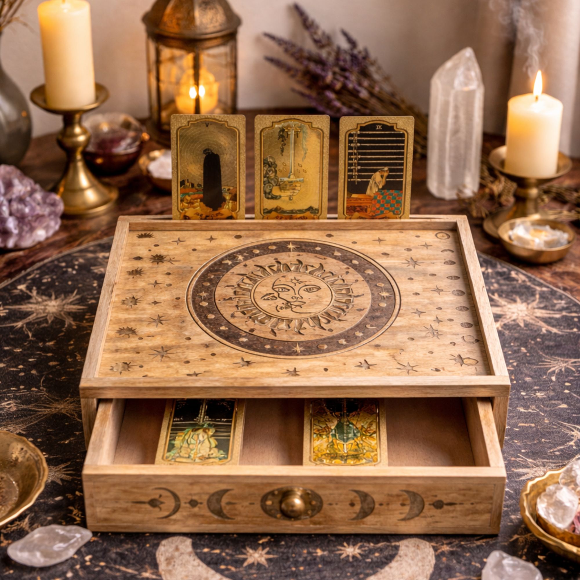 Sun Moon Carved Tarot Box with Drawer - Image 5